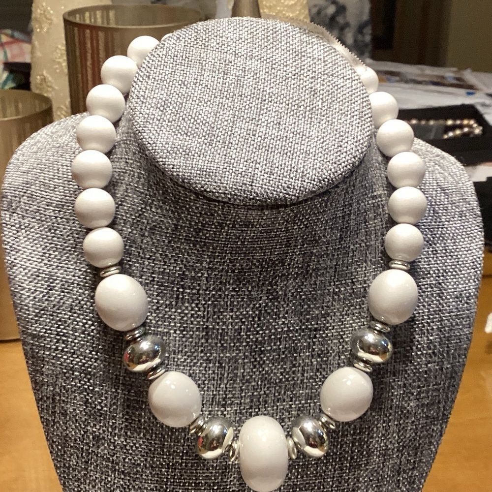 White and Silvertone Beaded Necklace